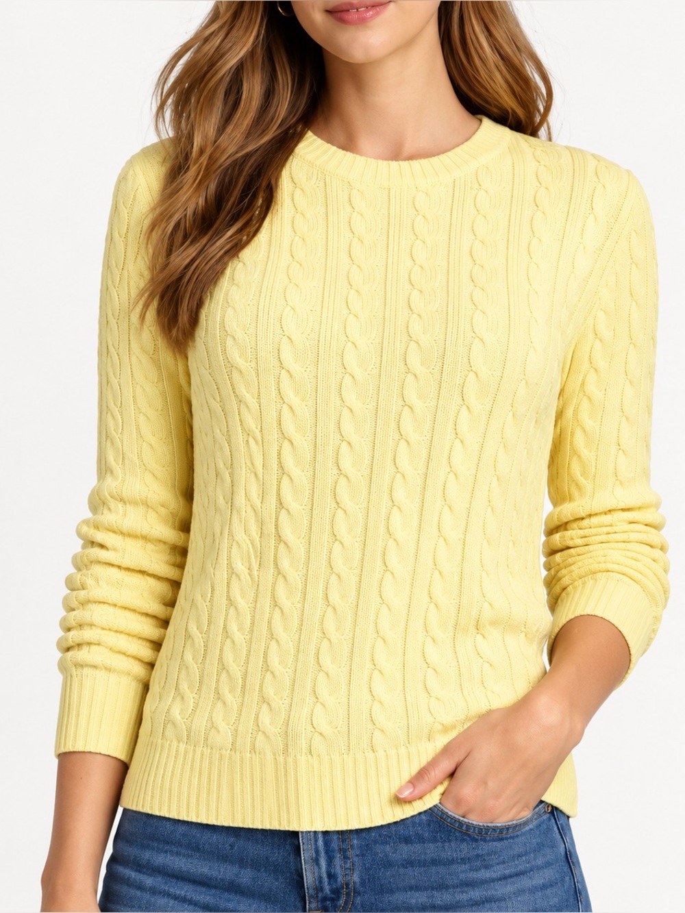 L.L. Bean 100% Cotton Women's Classic Yellow Cable Knit Sweater S